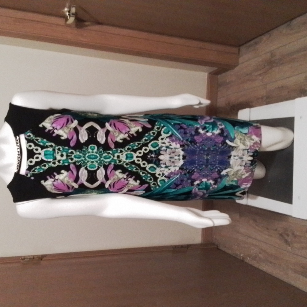 Sandra Darren sleeveless dress, black, turquoise, purple floral, size 10